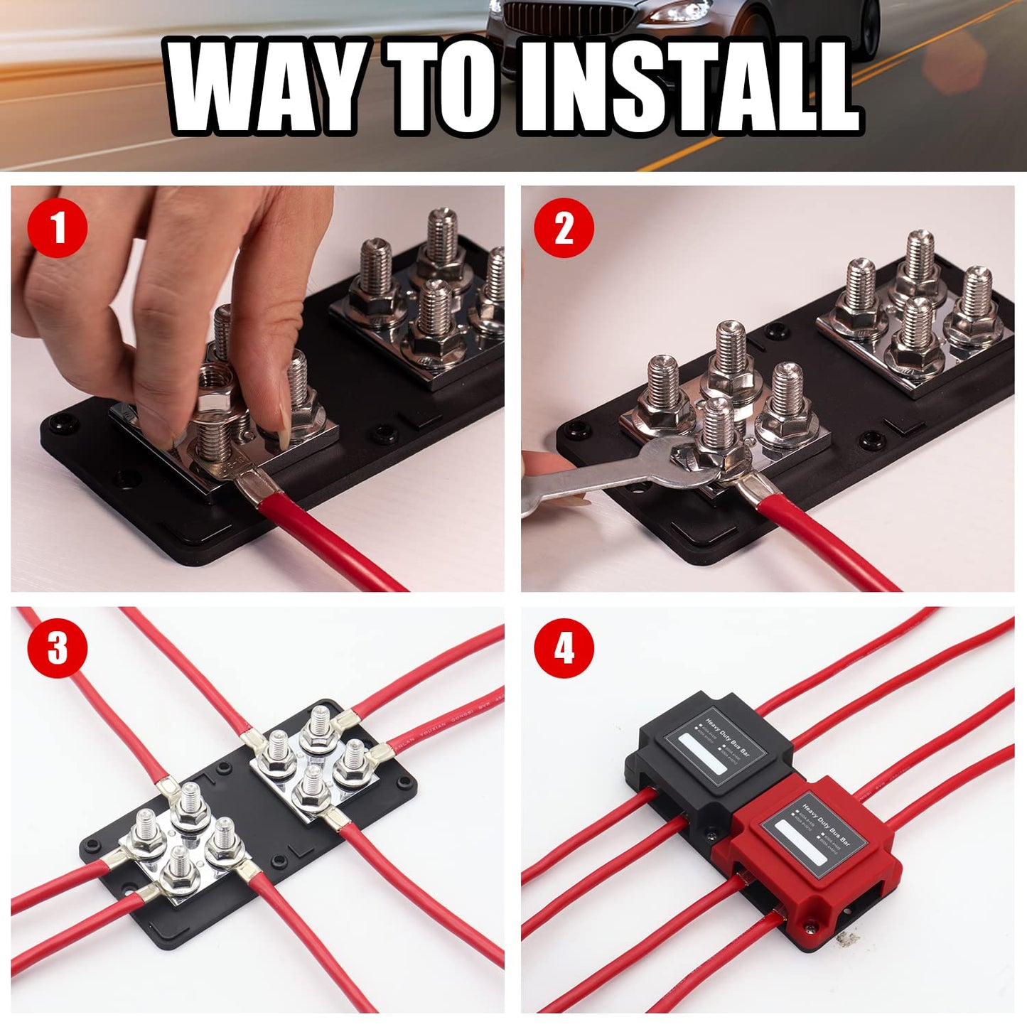 STANEW 400A Bus Bar Box Fuse Block Holder Copper-Made Heavy Duty Module Suitable 12V-48V DC, 8 x M10 (3/8 Inch) for solar-powered RVs, busbar clamps Black+Red Cover