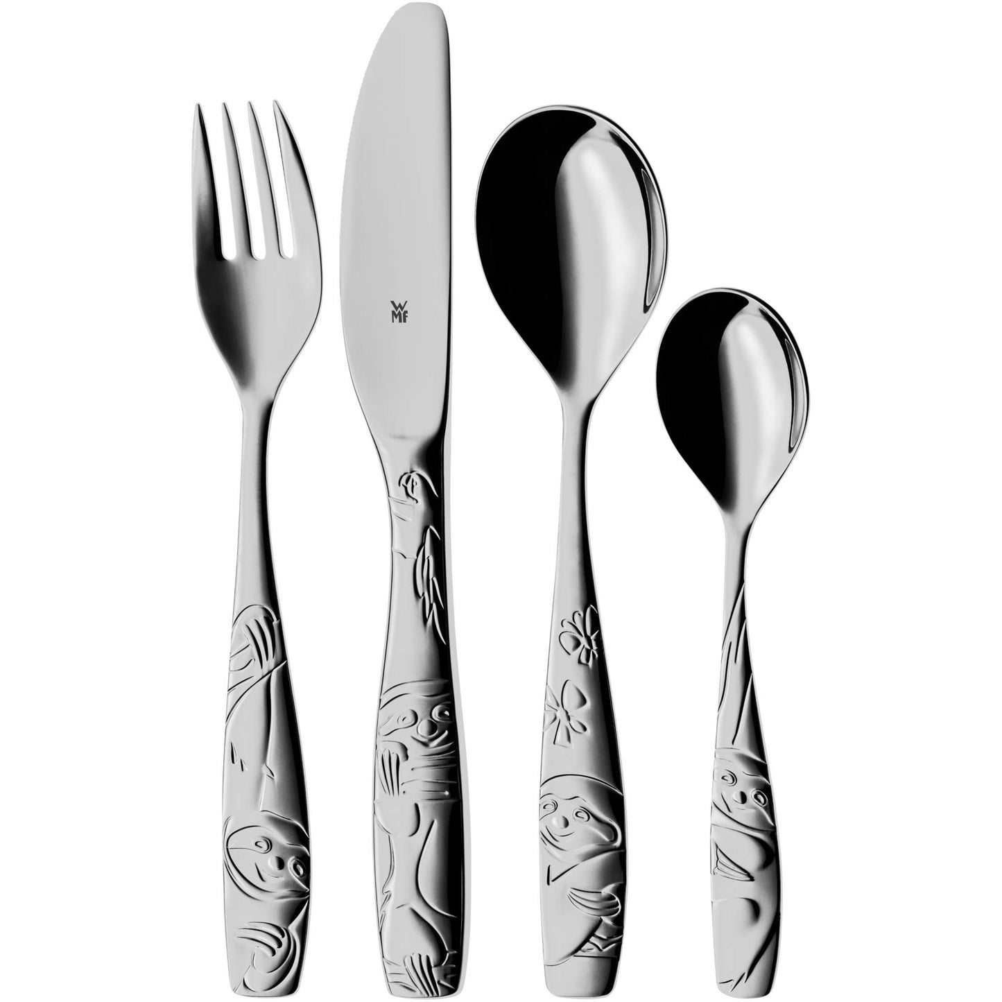 WMF Animal Kids' Cutlery Set 4-piece & Sloth Kids' Cutlery Set 4-piece, kids' cutlery stainless steel, suitable for children age 3 and up, polished Cromargan, dishwasher safe