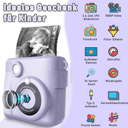 MILFECH Kids Camera Instant Camera, 1080P 2.4 Inch Screen Digital Camera for Kids with 5 Rolls Print Paper, 32GB Card, Photo Camera with 6 Colored Pens, 2 Sticker Gifts for Kids (Purple)