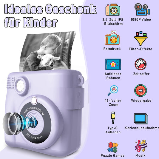 MILFECH Kids Camera Instant Camera, 1080P 2.4 Inch Screen Digital Camera for Kids with 5 Rolls Print Paper, 32GB Card, Photo Camera with 6 Colored Pens, 2 Sticker Gifts for Kids (Purple)