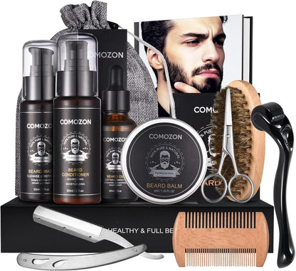 Comozon 12-in-1 Beard Care Set with Beard Roller, Beard Growth Kit with Beard Shampoo Beard Oil Beard Balm Razor Beard Brush Beard Comb Beard Scissors, Gifts for Husband, Boyfriend, and Dad