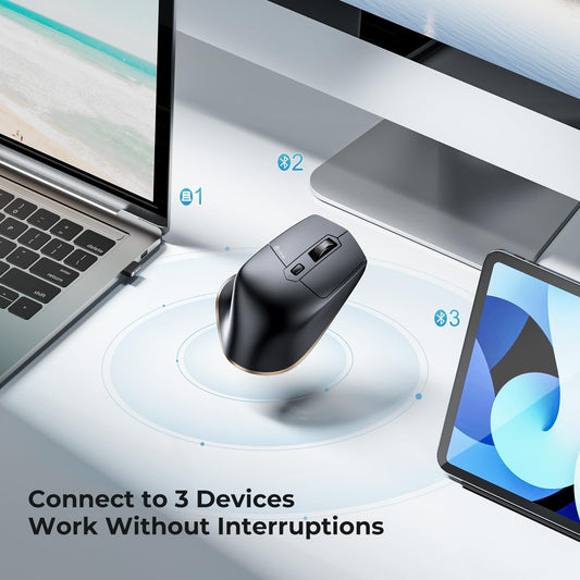iClever Bluetooth Mouse, Rechargeable Ergonomic Wireless Mouse, Rechargeable Battery, Multi-Device, 800/1200/1600/2000/2400 DPI, 7 Buttons for PC/Laptop/Tablet/MacBook, Black