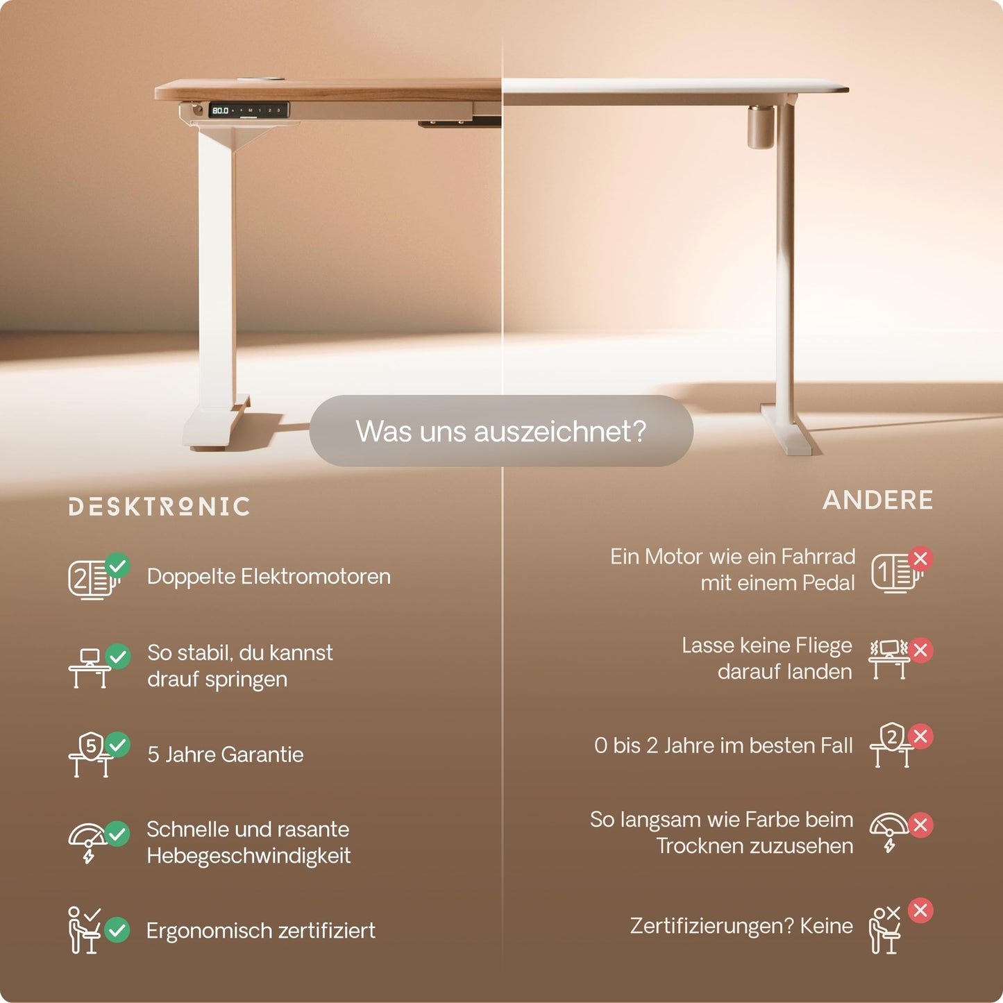 Desktronic HomePro Height Adjustable Desk 160 × 80 cm - Electric Desk with Two Electric Motors, Touchscreen Control, and Integrated USB-A and USB-C Charging Ports