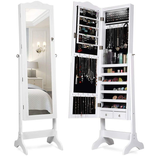 COSTWAY Jewelry Cabinet with 14 LED Lights, Jewelry Shelf with Full Length Mirror lockable, Jewelry Mirror Cabinet 4 stage adjustable for Rings, Necklace Hooks and Earrings (White)
