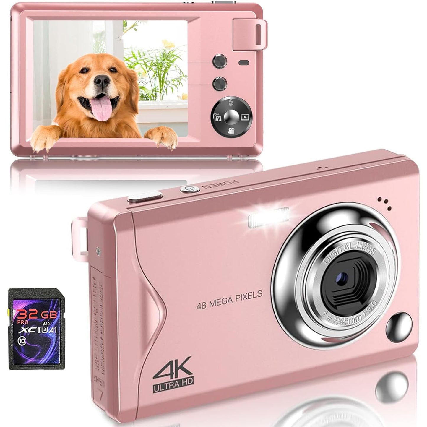 Digital camera, 48MP 1080P Full HD camera, 32GB TF card, 3.0-inch screen, portable compact camera with 16x digital zoom, 4K Ultra HD video recording (pink)