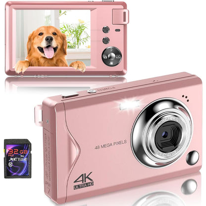 Digital camera, 48MP 1080P Full HD camera, 32GB TF card, 3.0-inch screen, portable compact camera with 16x digital zoom, 4K Ultra HD video recording (pink)