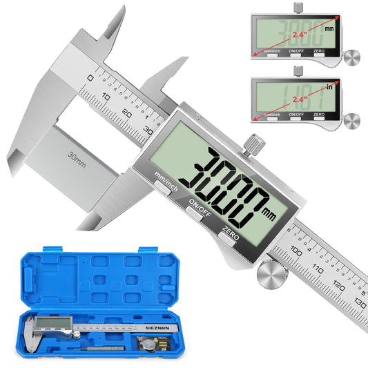 Digital caliper with large LCD screen, digital caliper with splash and dust protection, caliper with spare battery and storage box (silver)