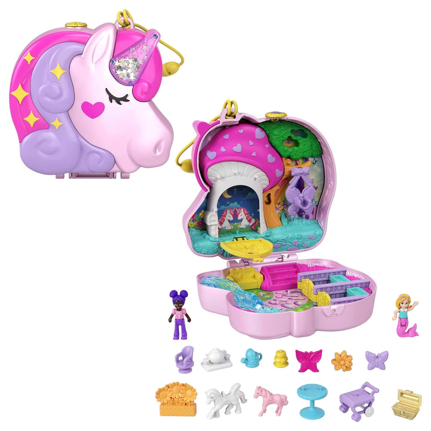 Polly Pocket Unicorn, in Enchanted Forest theme, with 13 accessories including 2 dolls (1 mermaid), tea set, and unicorn pets, toy for ages 4 and up, HCG20