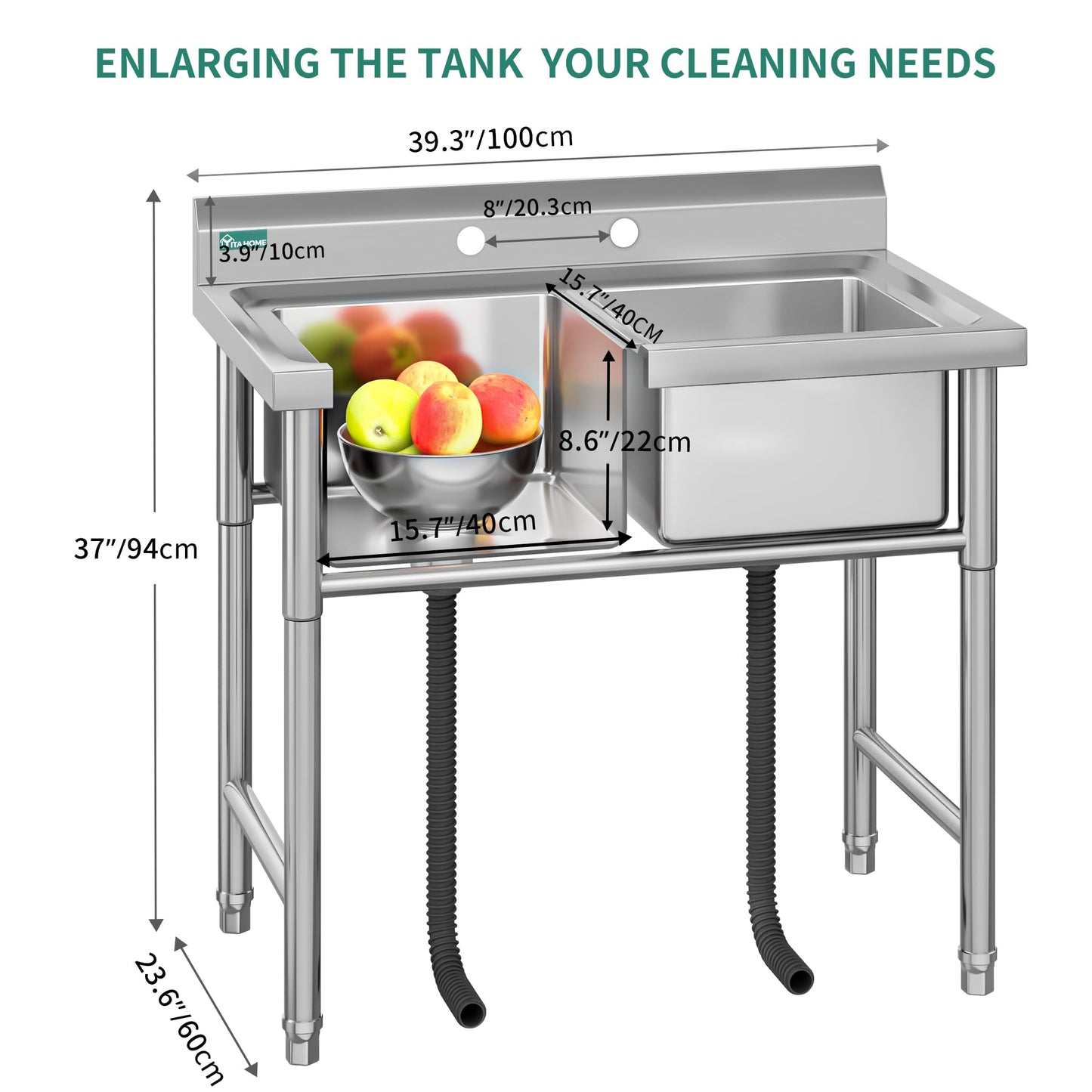 YITAHOME Kitchen Sink, Commercial Restaurant Sink, Portable, Freestanding, Catering Sink, Stainless Steel, Outdoor Double Basin Station, Sink for Hotel, Laundry Room, Basement, Garage