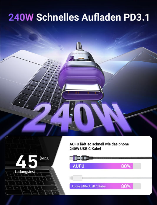 AUFU 240W magnetic charging cable USB C [2pcs 1.8m] 16PIN magnetic charging cable Super-fast charging Magnetic USB C cable 48V/5A Quick charge and data transfer for Phone 15/Samsung S22/MaBook