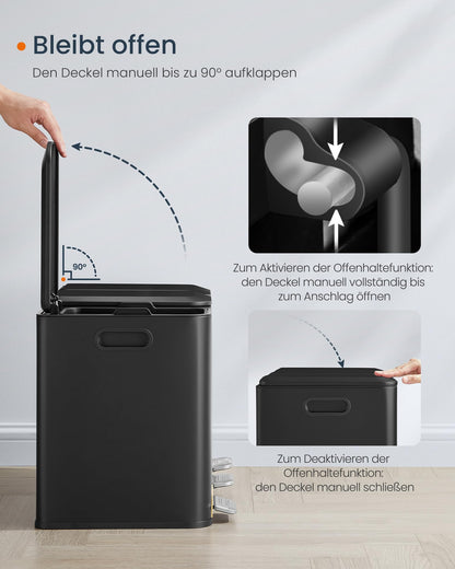 SONGMICS HOME Kitchen Trash Can, 3 x 15 L Compartments, Waste Bin with color-coded pedals, Recycling System, with lids and inner buckets, Steel, ink black LTB740B02V1