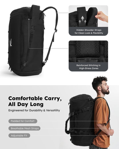 Tolaccea 54L-72L Expandable Sports Bag for Men, Women, Large Travel Backpack with Shoe Compartment, Fitness Training Bag for Gym, Travel, Swimming, Sauna, Soccer (Black)