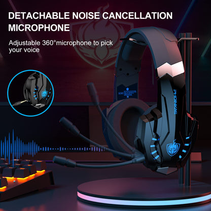 PHOINIKAS PS5 Wireless Headset, 2.4G Gaming Headphones for PC PS4 Switch Mac, Foldable Surround Sound Noise Cancelling Gamer Headset with microphone, Over 50 hours of battery life (Blue)