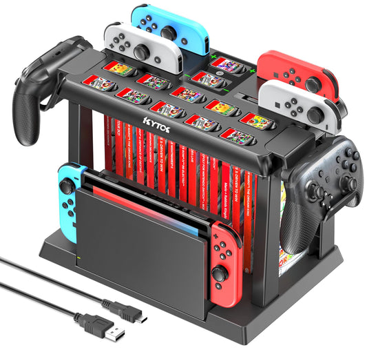 Kytok Switch game storage with Switch controller charging dock, suitable for Switch/OLED Joycons. Store Switch games, TV dock, Pro controller, and other Switch accessories.