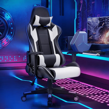 Homall Gaming Chair, ergonomic, adjustable height and back support, gamer seat, office chair, with wheels, quiet, headrest, lumbar support (white)