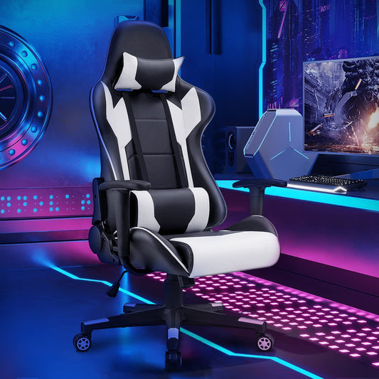Homall Gaming Chair, ergonomic, adjustable height and back support, gamer seat, office chair, with wheels, quiet, headrest, lumbar support (white)