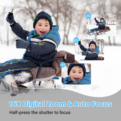 4K 64MP digital camera with 32GB memory card, autofocus compact camera with 16x digital zoom, rechargeable 2 1200mAh batteries, 2.4-inch mini kids camera for beginners.