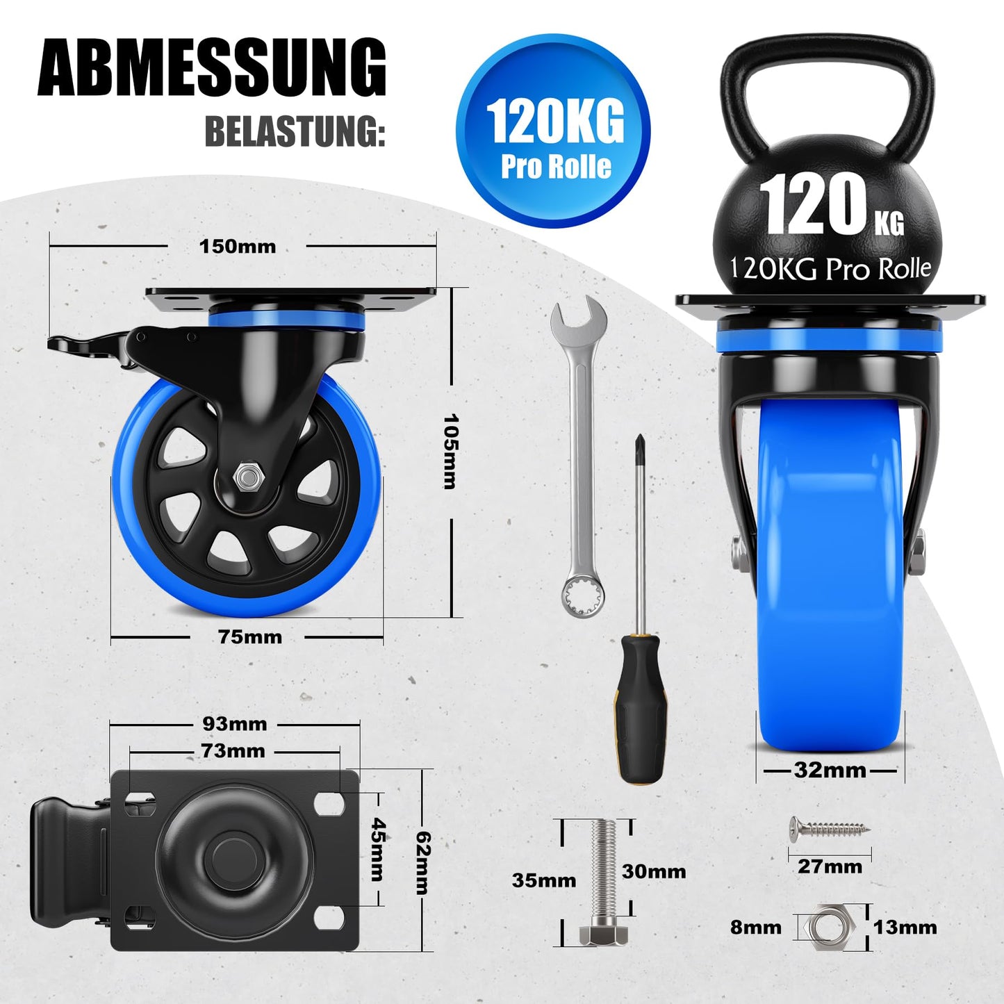 Asibaade heavy-duty casters 75mm swivel casters up to 480KG capacity 360° rotation for furniture transportation & industrial transport Black-Blue