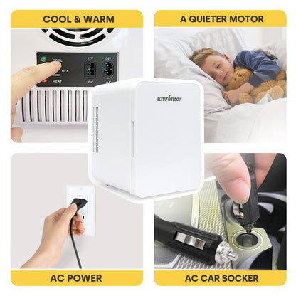 Enventor Mini Fridge 4 Liter, 6 Can Mini Coolers for Bedroom, AC+12V DC Power Cooler and Warmer, Portable Small Fridge for Car, Travel, Cosmetics, Drinks, Fruit, White