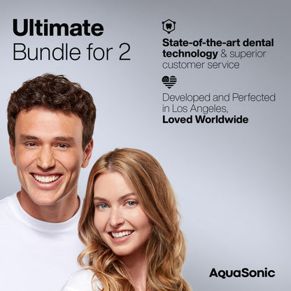 Aquasonic Duo Dual Handle Ultra Whitening Electric Toothbrushes with 40,000 VPM, wireless charging - 10 Dupont brush heads and 2 travel cases included White