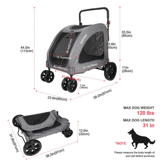 Virzen Pet Stroller 4 Wheels, Foldable Dog Stroller, Dog Buggy Pet Stroller with Mesh Windows, Pets Buggy Capacity up to 54kg for medium and large pets (Grey 2)