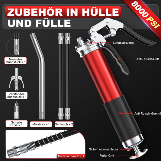 Amyzaval's grease gun for grease nipples, 8000PSI hand grip one-handed grease gun, heavy-duty barrel with grease gun nozzle, flexible hose and metal tube, grease gun for 400g cartridges, red
