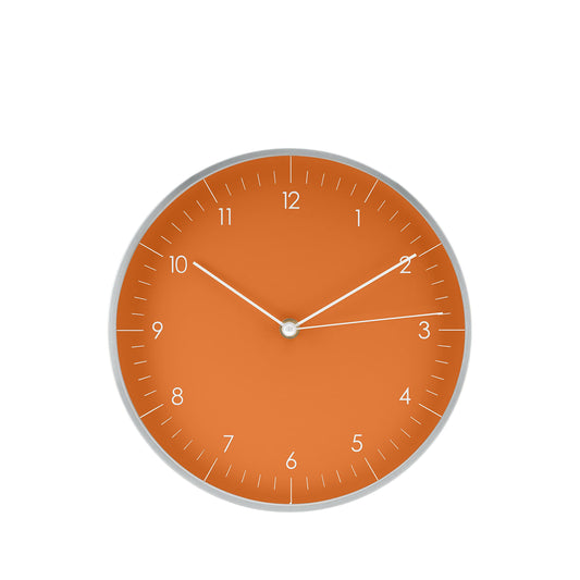 LUUK LIFESTYLE Quartz Wall Clock with Silent Movement, Simple Design, for Office, Kitchen, Bathroom, Housewarming Gift, 24cm in Orange and Silver.