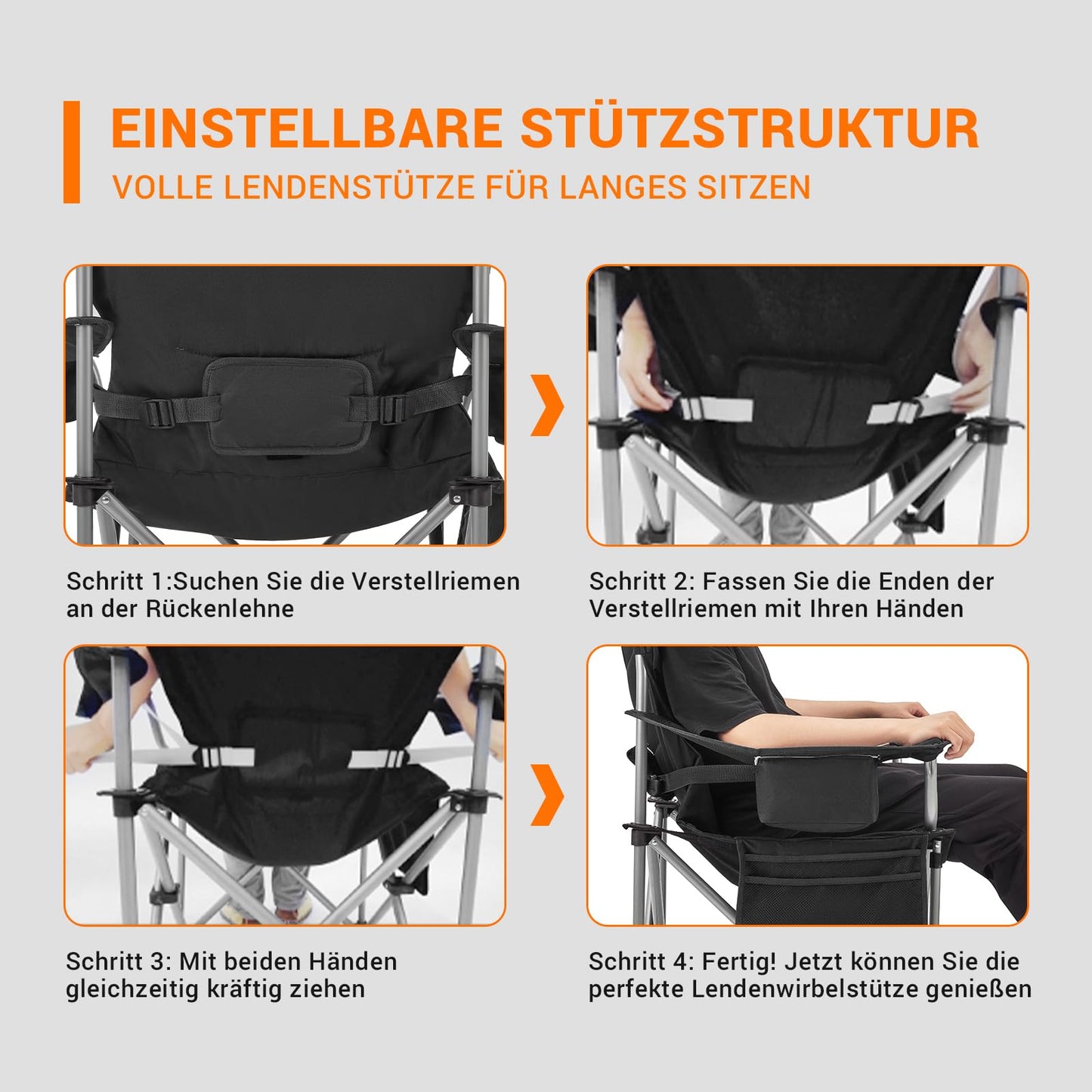 KingCamp camping chair foldable up to 160 kg, Oversized camping chair with adjustable backrest, Folding camping chair with high backrest & cooler & drink holder, Black