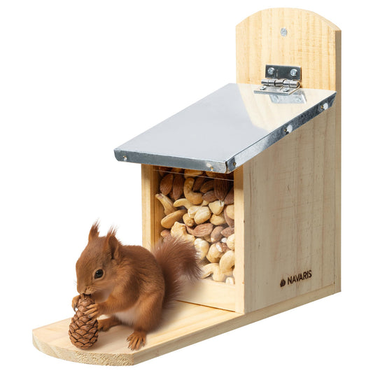Navaris squirrel feeding house made of weatherproof wood and metal - feeding box feeder for garden balcony - feeding station with splash protection.