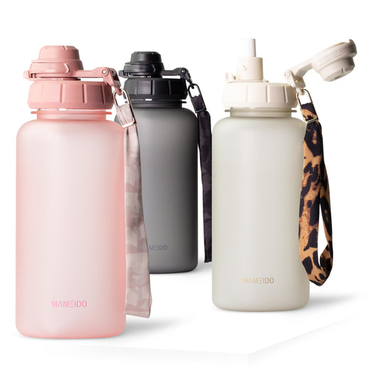 MAMEIDO 1L water bottle with straw & time markings, reminder to drink, leak-proof, BPA-free, gym water bottle, Tritan material (Flamingo Pink)