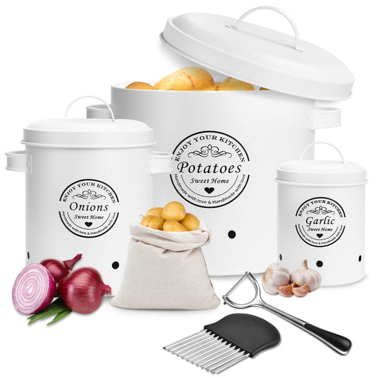 Potato storage box set of 3 on the stove, onion pot and garlic pot ventilated storage container set, onion storage, storage potatoes onions garlic storage (white)