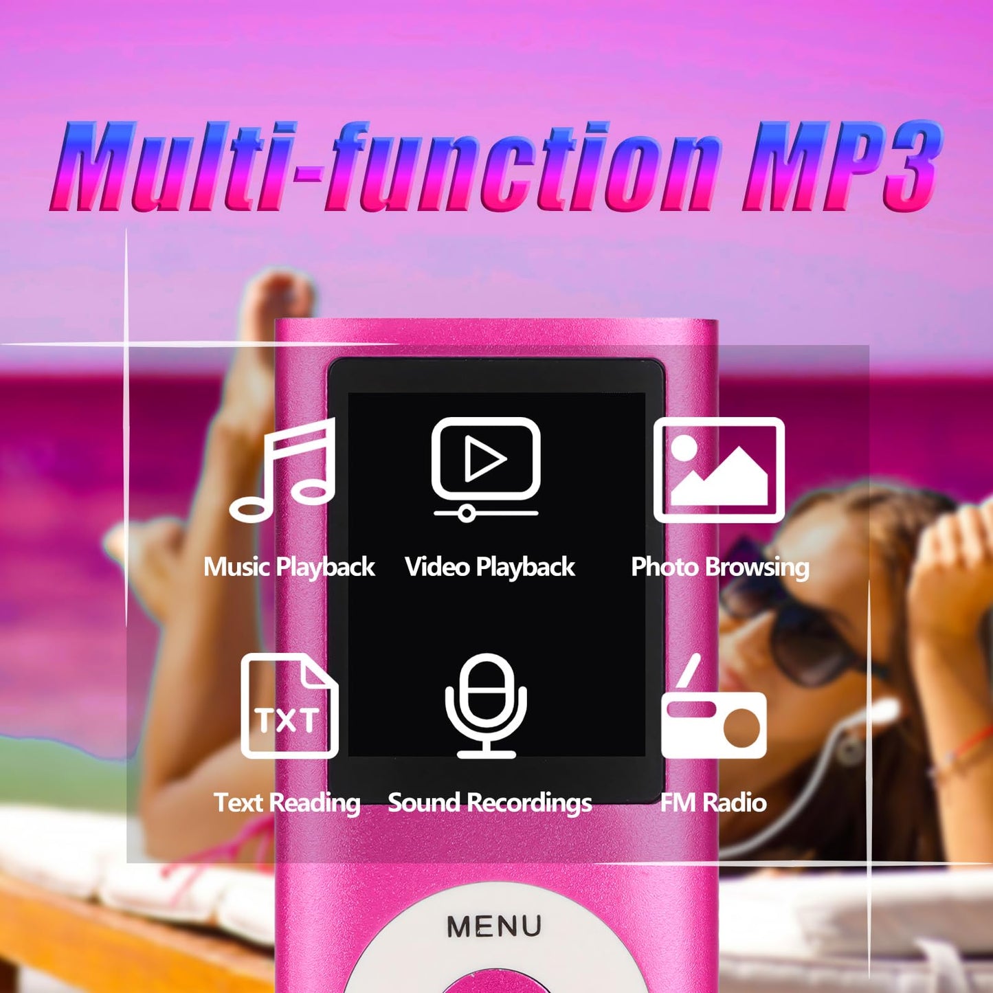 Bluetooth MP3 player with integrated HD speaker, 1.8-inch LCD screen, HiFi sound, headphones included, supports up to 64GB.