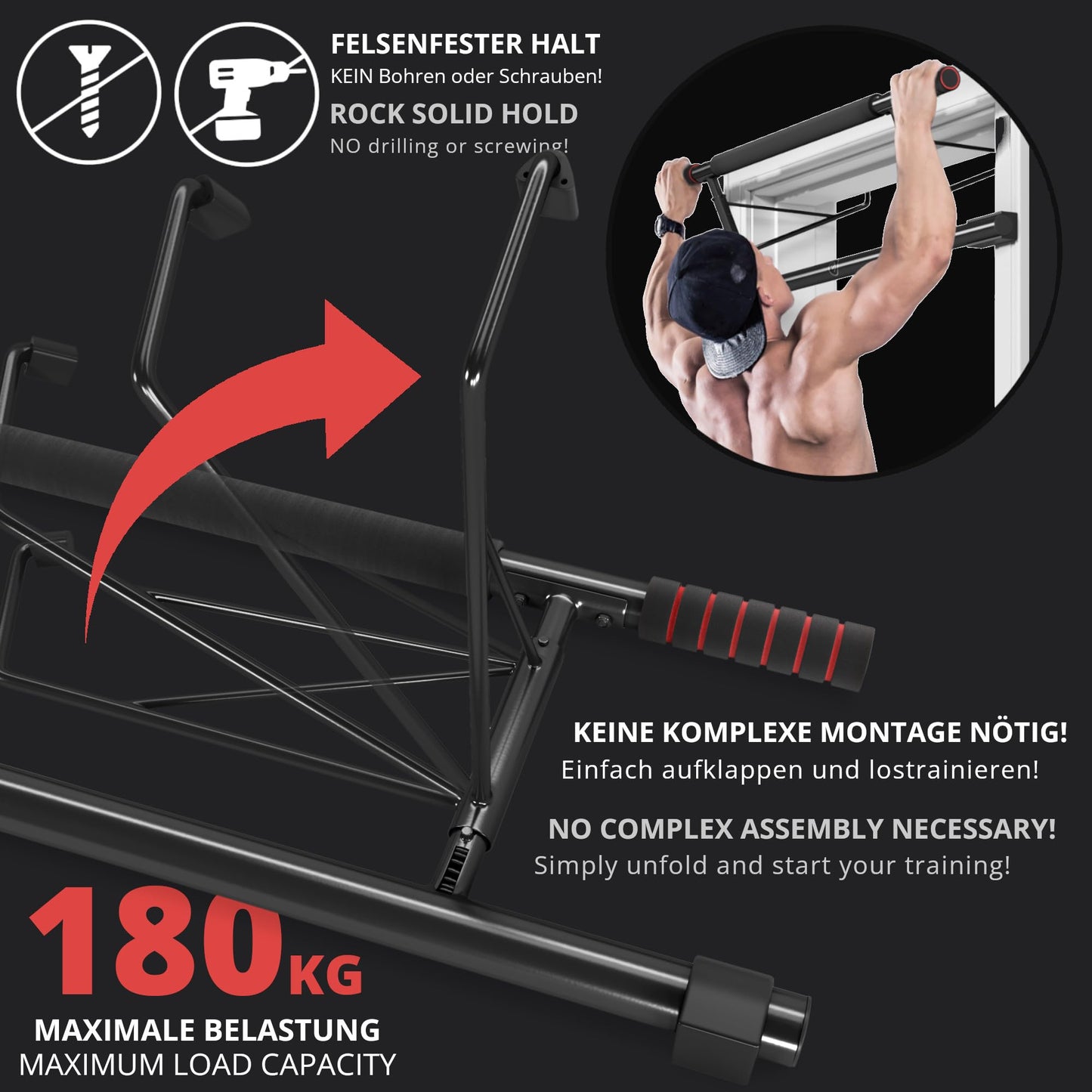 BeMaxx Pull-Up Bar for Door Frames without Screws/Drilling + Training eBook - Pro Door Pull-Up Dip Bar, Padded Grips | Pull-Up Bar for Hanging in Door at Home, Fitness Workout Sport
