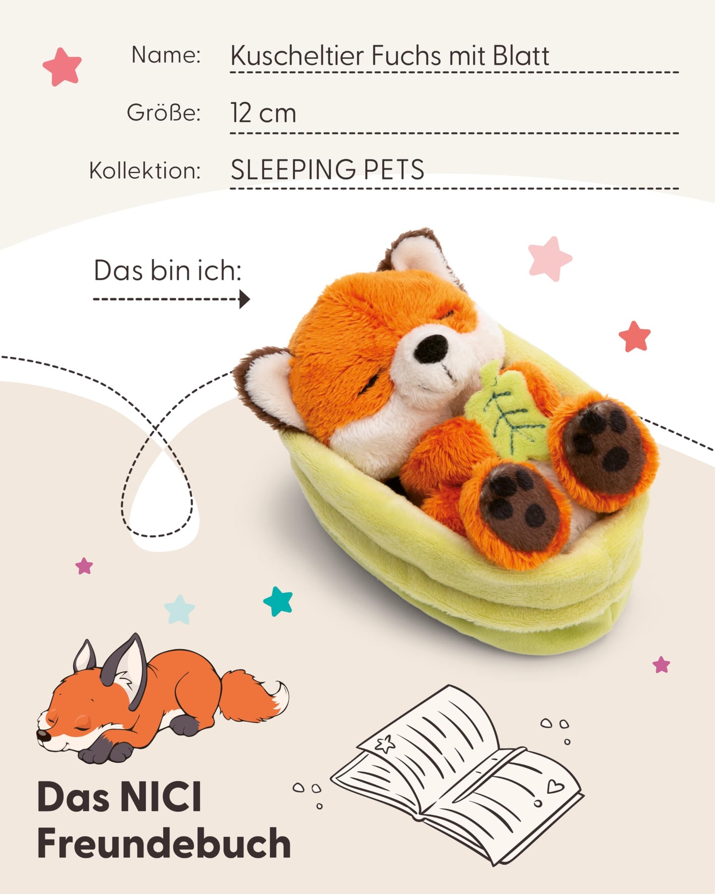 NICI cuddly toy fox with leaf 12cm sleeping in basket - orange - made of soft plush, cute plush toy for cuddling and playing, for children & adults - 61581