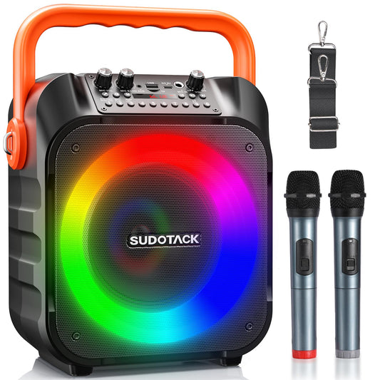 SUDOTACK Portable Karaoke Machine with 2 wireless microphones, Bluetooth speaker box for adults/kids with lighting effects, supports TF/USB, AUX in, FM, REC, TWS for karaoke, parties, birthdays.