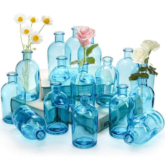 Youeon Blue Bud Vases made of glass, small glass vases for flowers, decorative glass bottles, vintage flower vases for table decoration, wedding reception, home decor, office, 237 ml, Blue, 16 pieces