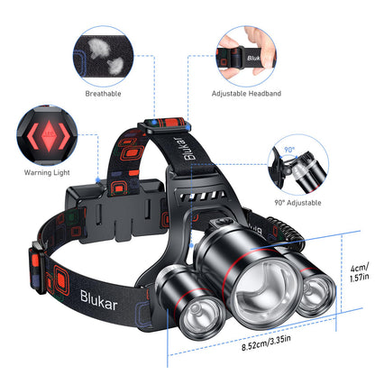 Blukar Rechargeable LED Headlamp, Super Bright 8000 Lumens Zoomable Headlight with 5 Light Modes & Red Light, IPX6 Waterproof, 90° Adjustable Headlamp for Camping, Fishing, Repairs, Emergencies, etc.