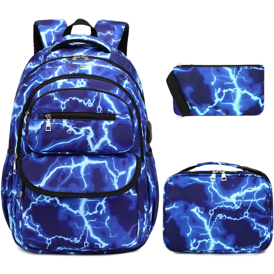 Bevalsa backpack for boys, flash school bag for children with lunch bag and pencil case, book bag for boys girls kids teens for elementary middle school Congratulations (Lightning strike)