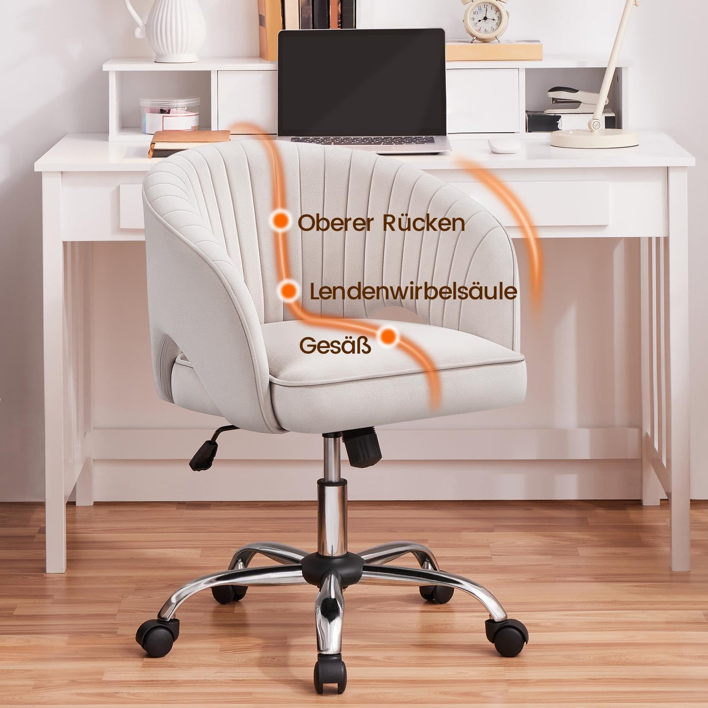 Yaheetech Makeup Chair with Velvet Cover, Office Chair with Armrests, Swivel Chair with Casters, Height Adjustable Home Office Chair, Office Chair with Rocking Function, Rotatable Upholstered Chair Cream White