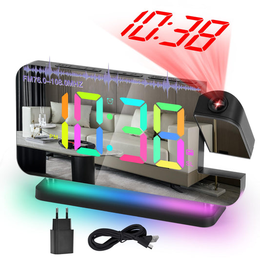 SZELAM Digital Alarm Clock, Radio Alarm Clock with Projection, 7.4" LED Radio Alarm Clock with Sleep Timer, 180° Rotatable Projector, 10-Color Nightlight, 11 RGB Color Digital Display, Digital Table Clock for Kids, Girls