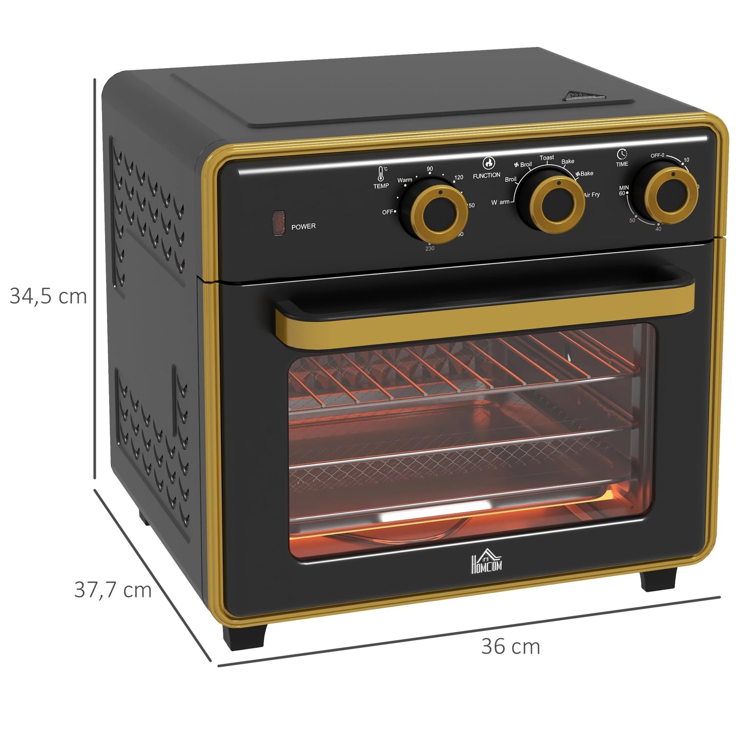HOMCOM mini oven with convection 20L includes baking tray, grill rack, and crumb tray. Temperature range from 90°C to 230°C, 5 modes, fry basket, 60 min. timer, 1400W, metal construction.