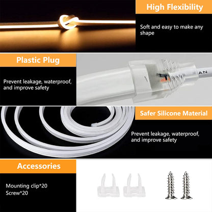 TVLIVE Neon LED Strip 10M, Warm White Neon LED Strip 10M Dimmable 24V, IP67 Waterproof Neon LED Tape DIY Flexible, LED Light Strip Diffusion Silicone, LED Bar for Indoor Outdoor Bedroom Home Kitchen Bar