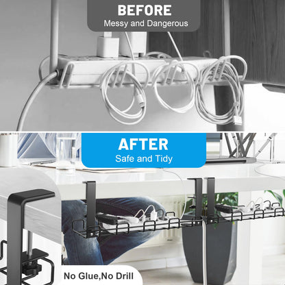 Lannvan Cable Management Desk without Drilling - 2 Pack Steel Desk Cable Organizer - Includes Accessories - Clampable Cable Tray Under Desk - Desk Organizer for Office/Home - Black