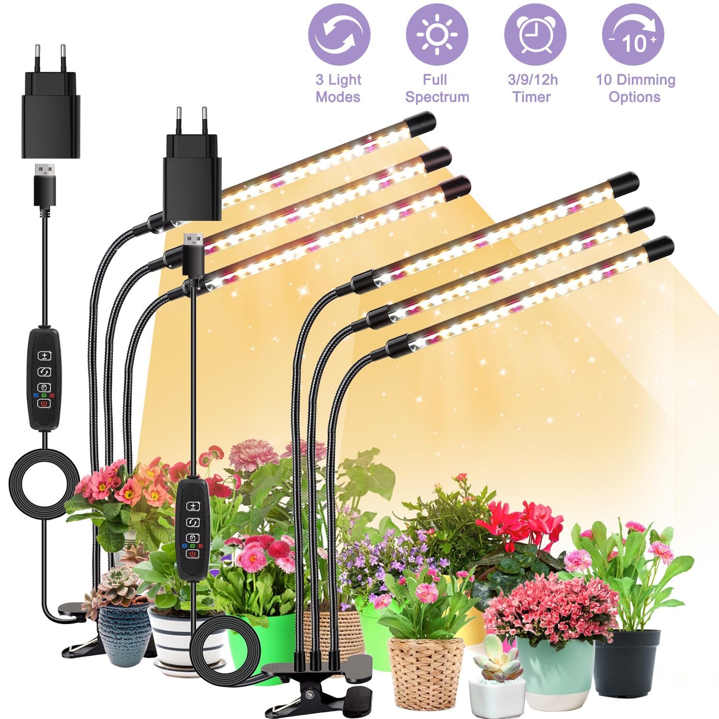 Niello 2 Pack 6 Heads Plant Lamp LED, Full Spectrum Plant Light, Plant Light with Timer, 3 Color Modes and 10 Dimmable Levels, Growth Lamp for Indoor Plants, Houseplants