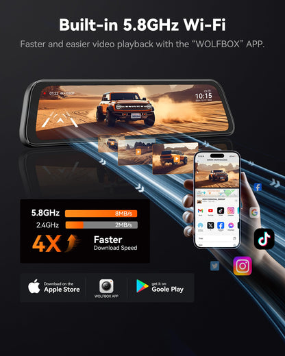 WOLFBOX 12" G840S 4K Mirror Dashcam with Rear Camera, 5.8GHz WiFi Car Camera with IPS Touchscreen Dual Dash Cam Mirror, Loop Recording and G-Sensor, Parking Monitor, GPS, Free 32GB Card.