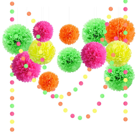 NICROLANDEE Neon Tissue Paper Pom Poms and Dots Paper Garland, Blacklight Party Decorations 15 Pieces, Party Decor for Wedding, Prom, Birthday, Garden Party.