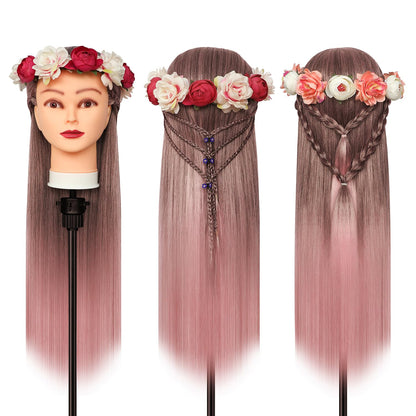 Training mannequin heads, 28 inch practice head styling head for hairdressers made of 100% synthetic fiber hair. Comes with free clamp and DIY braiding set. Gradient pink color.