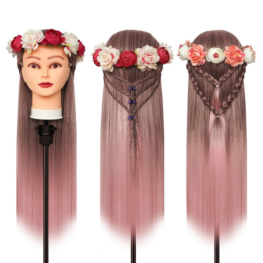 Training mannequin heads, 28 inch practice head styling head for hairdressers made of 100% synthetic fiber hair. Comes with free clamp and DIY braiding set. Gradient pink color.