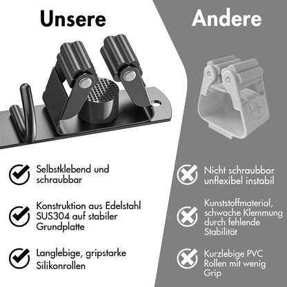 Radikor Broom Holder Wall, Self-Adhesive Broom Holder with 5 Holders and 4 Hooks, Stainless Steel Tool Holder Screwable, Garden Tool Holder Garden Tool Holder, Broom Mop Holder, Black