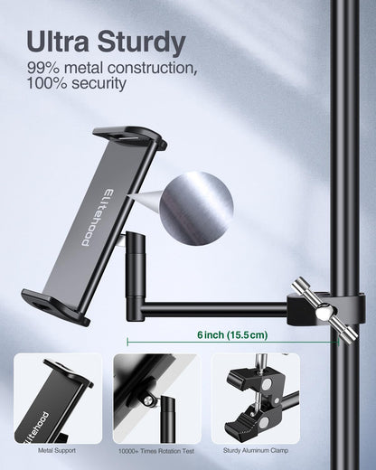 Elitehood Aluminum iPad Holder Microphone Stand, Side Tablet Holder Mic Stand, Adjustable 360° Rotatable Tablet Holder Microphone Stand with iPad Pro 12.9, Air, Mini, More 4-12.9” Devices